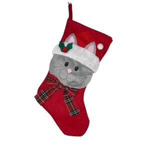 Christmas Stocking Red Felt 17" Bow Cute Kitty Cat Christmas Holiday Decor  NWT